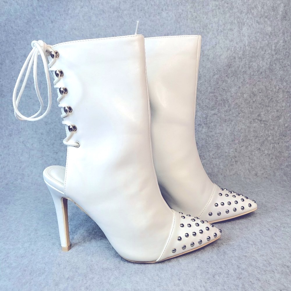 ☆ MACK J Studded Pointy Toe Heels In White